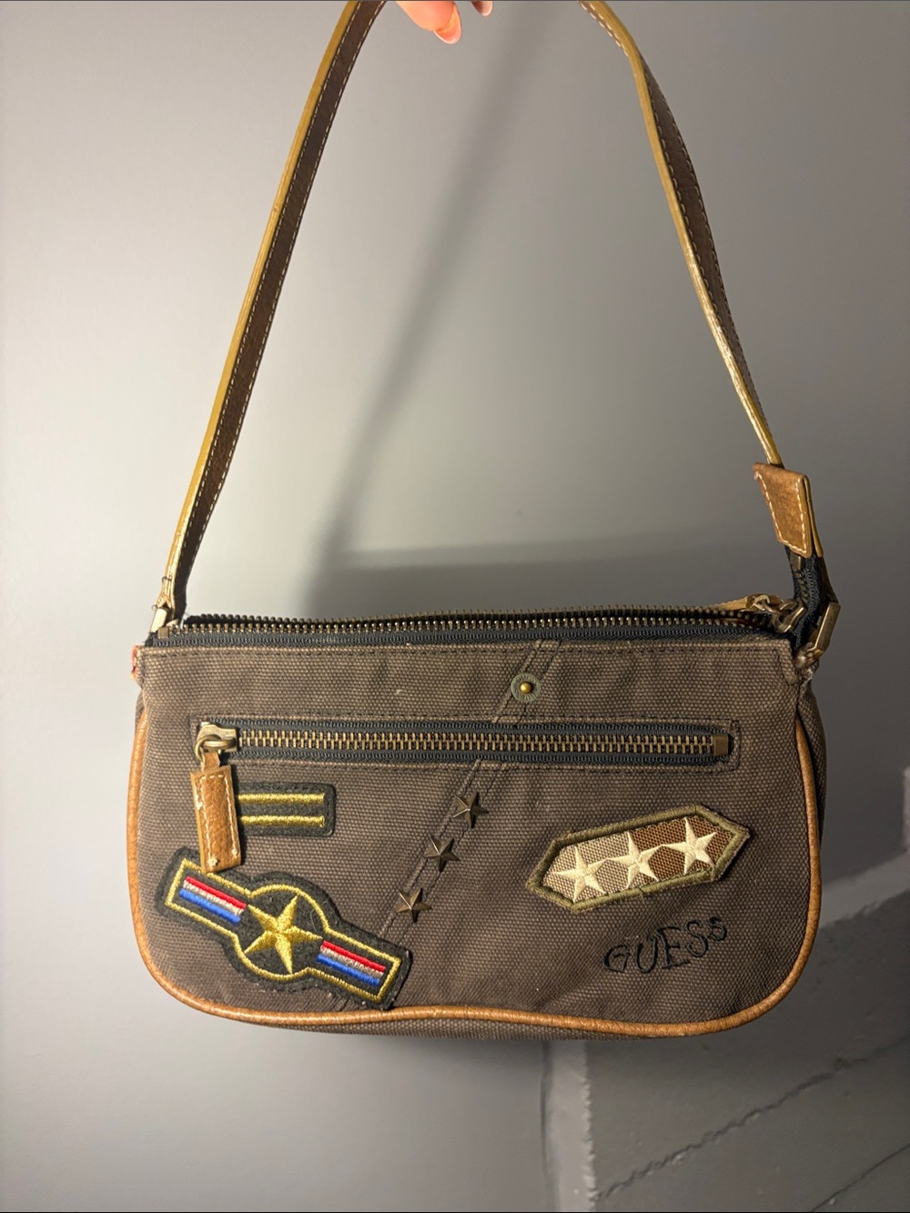 GUESS vintage Brown Canvas Patch Shoulder Bag with Tan leather Trim